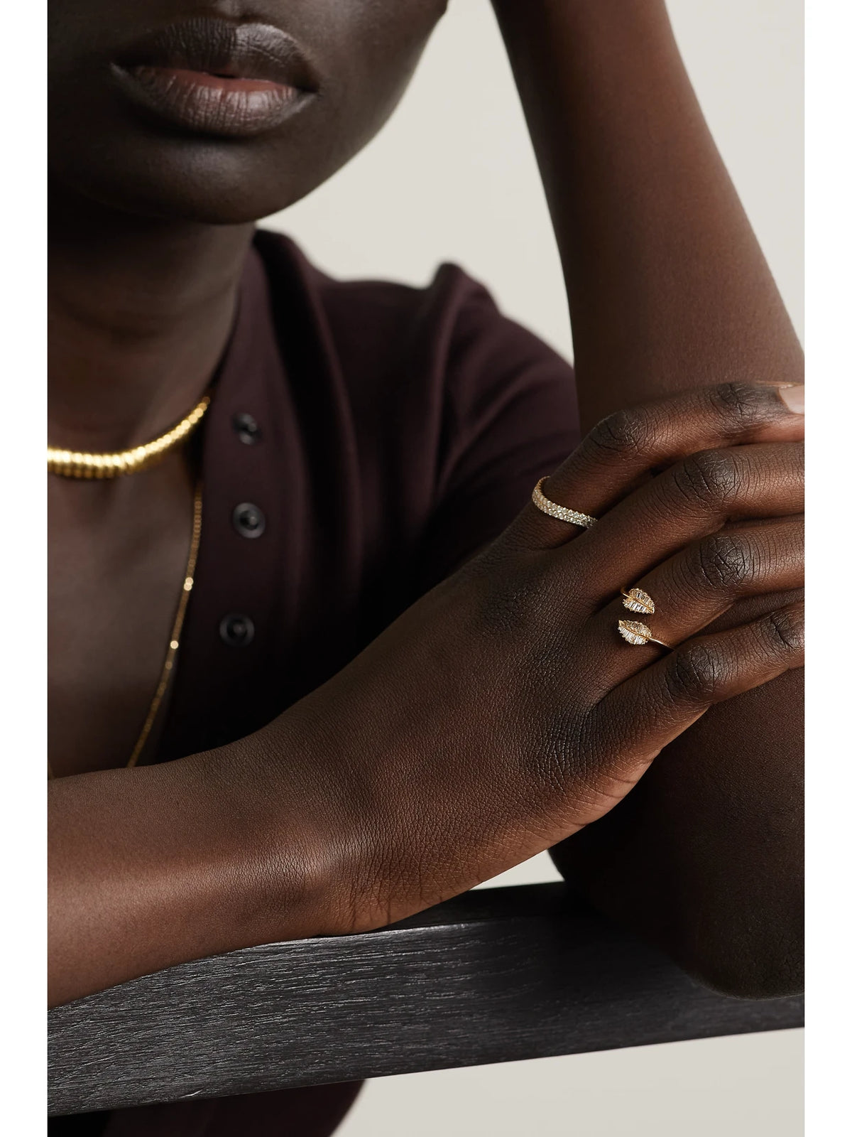 Image of Rings. Product name - Small Palm Leaf 18-karat Gold Diamond Ring in Multi colour by brand - Anita Ko