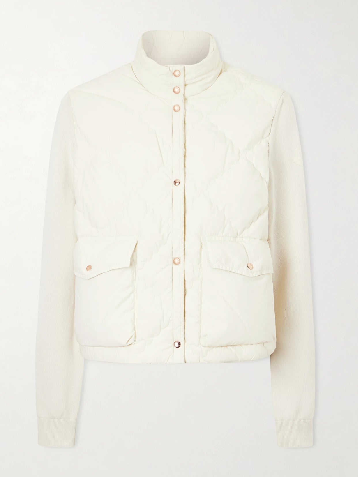 Image of a model wearing Outerwear. Product name - Cropped Knitted And Padded Quilted Shell Down Cardigan in White colour by brand - Moncler