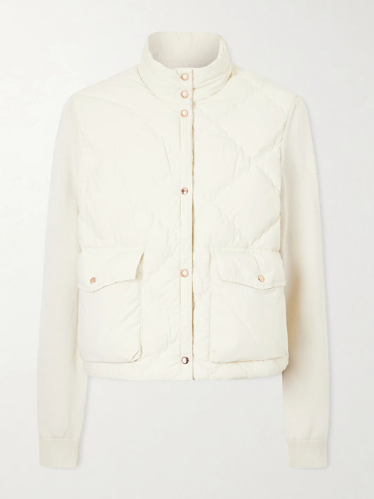 Image of a model wearing Outerwear. Product name - Cropped Knitted And Padded Quilted Shell Down Cardigan in White colour by brand - Moncler