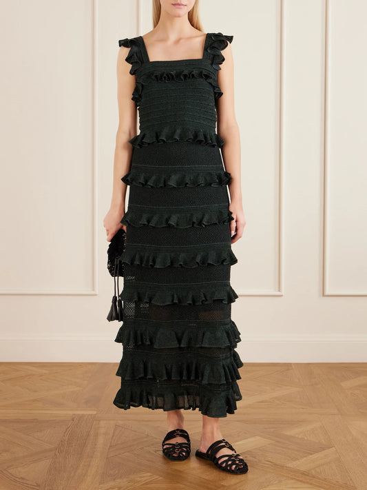 Image of Outfit Sets. Product name - Ruffled Metallic Knitted Tank in Green colour by brand - Zimmermann