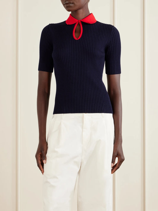 Two-tone Ribbed Wool Polo Shirt