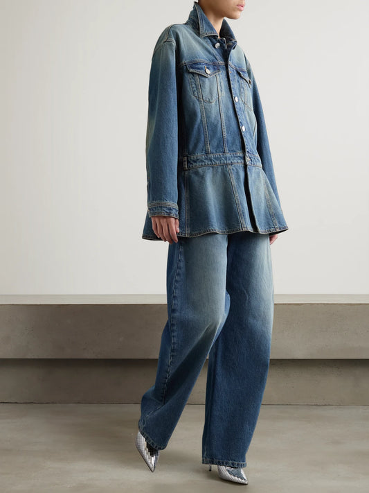 Image of Coats & Jackets. Product name - Belted Denim Peplum Jacket in Blue colour by brand - Alaïa