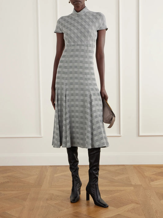 Image of Dresses. Product name - Thea Prince Of Wales Checked Woven Turtleneck Midi Dress in Gray colour by brand - Emilia Wickstead