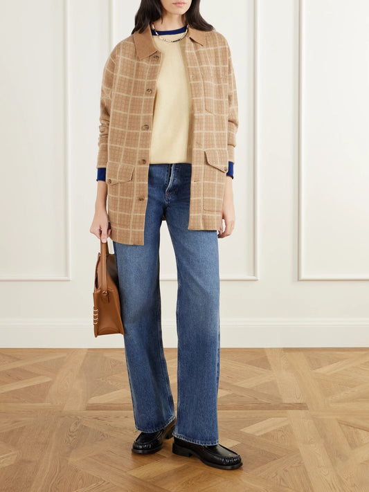Image of Coats & Jackets. Product name - Tartan Industry Checked Wool And Cashmere-blend Jacket in Camel colour by brand - Guest In Residence