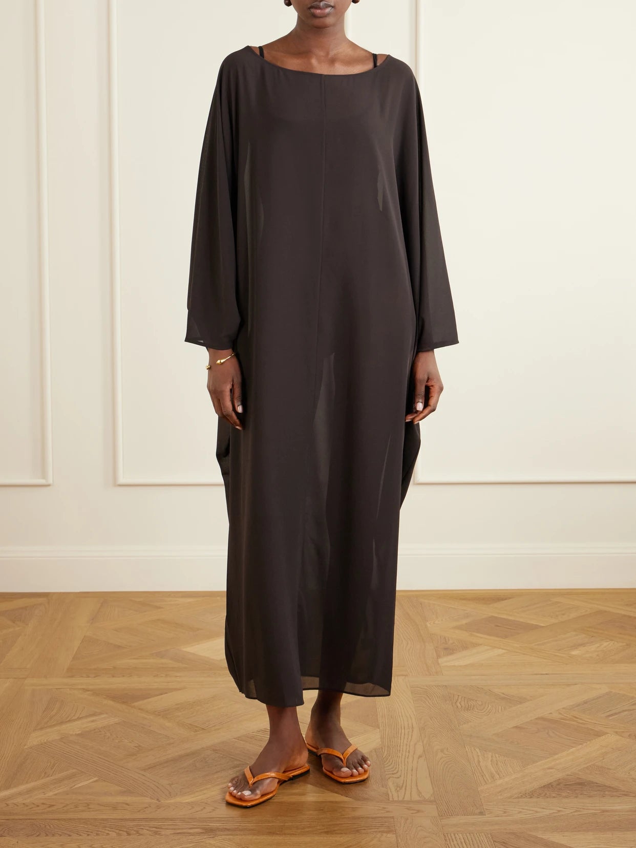 Image of Dresses. Product name - Nour Open-back Chiffon Coverup in Dark brown colour by brand - STAUD