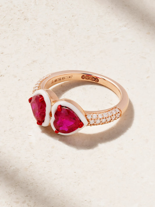 Twin Heart 18-karat Rose Gold, Ruby, Diamond And Enamel Ring