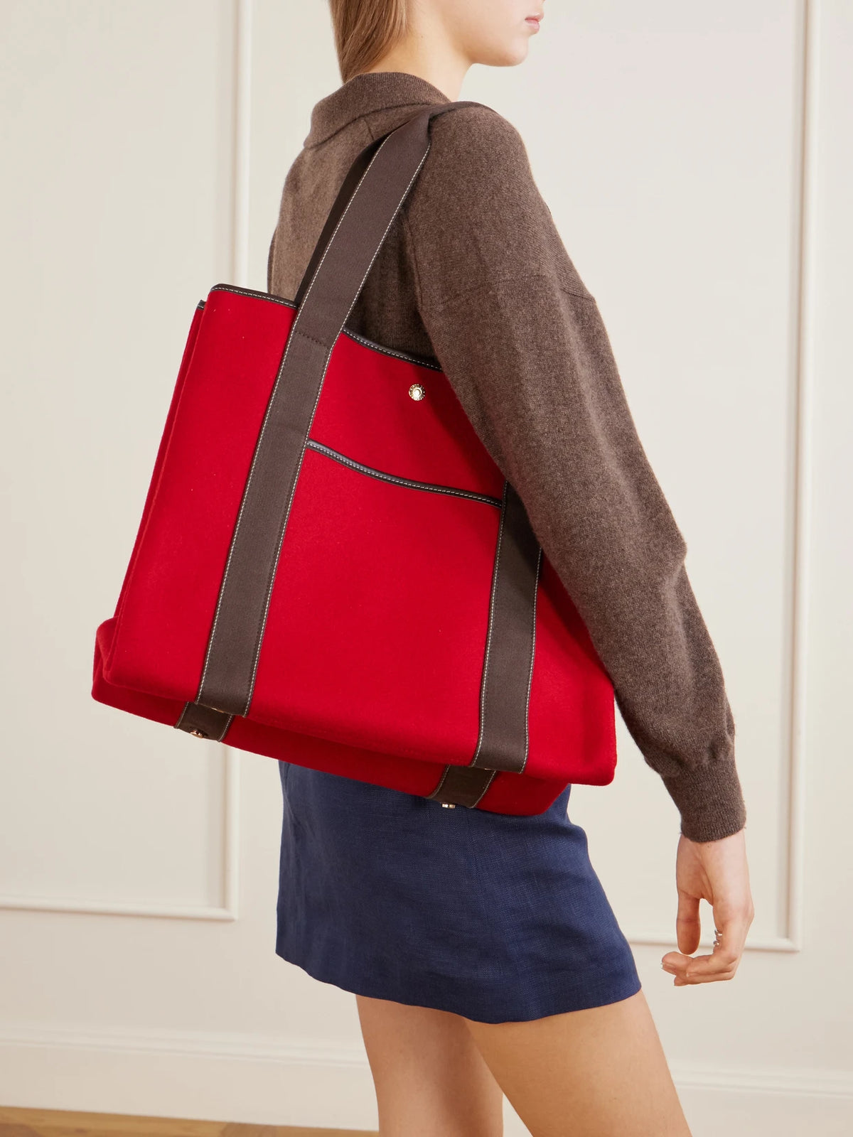Image of Bags. Product name - Traversée Large Leather-trimmed Flannel Tote in Crimson colour by brand - RUE de VERNEUIL