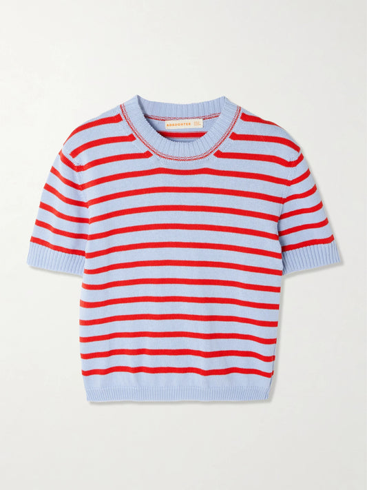 Image of a model wearing Outerwear. Product name - Shona Striped Organic Cotton Top in Blue colour by brand - &Daughter