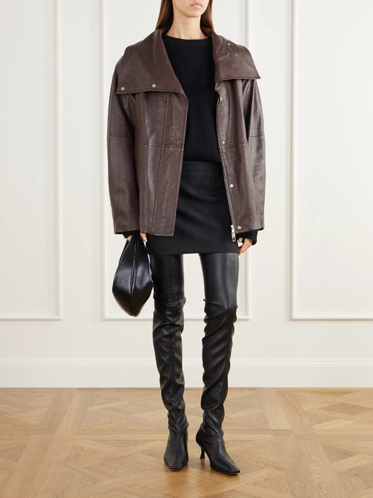 Image of Coats & Jackets. Product name - Salaggio Funnel-neck Paneled Hammered And Glossed Leather Jacket in Dark brown colour by brand - Sportmax