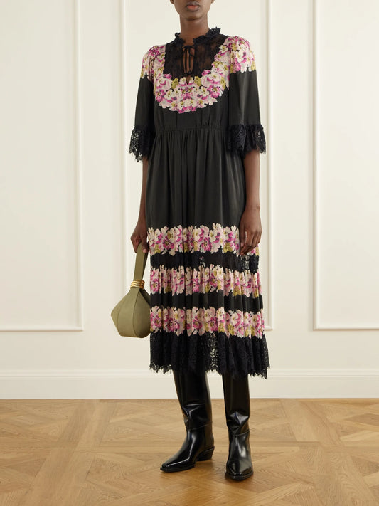 Image of Dresses. Product name - Persephone Floral-print Cotton-blend Midi Dress in Black colour by brand - Sea