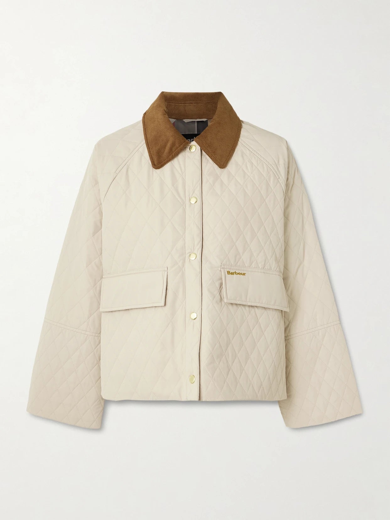 Image of Coats & Jackets. Product name - Kirby Cotton Corduroy-trimmed Quilted Shell Jacket in Off-white colour by brand - Barbour