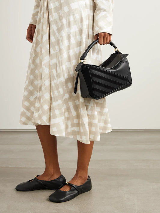 Image of Bags. Product name - Puzzle Small Suede-trimmed Leather Shoulder Bag in Black colour by brand - LOEWE