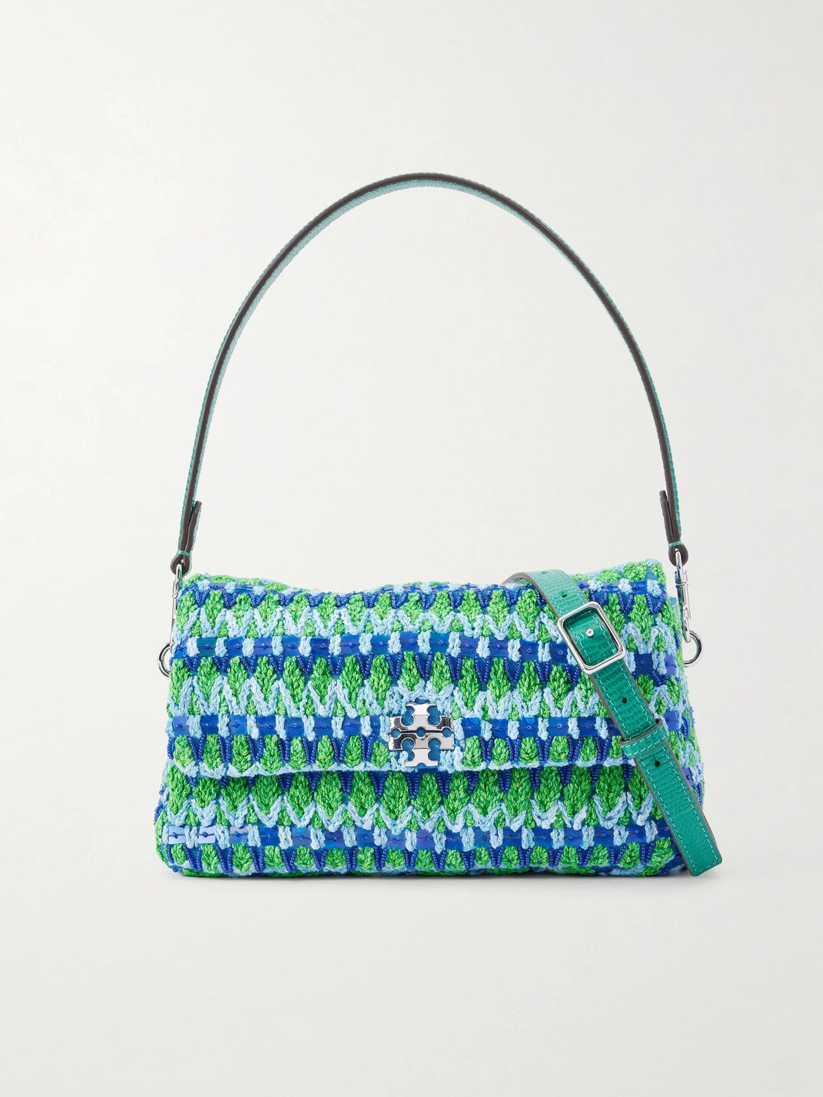 Charlie Embellished Snake-effect Leather-trimmed Crocheted Shoulder Bag