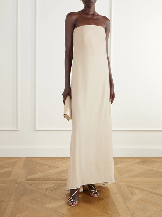 Image of Dresses. Product name - Diana Strapless Velvet Gown in Beige colour by brand - Abadia
