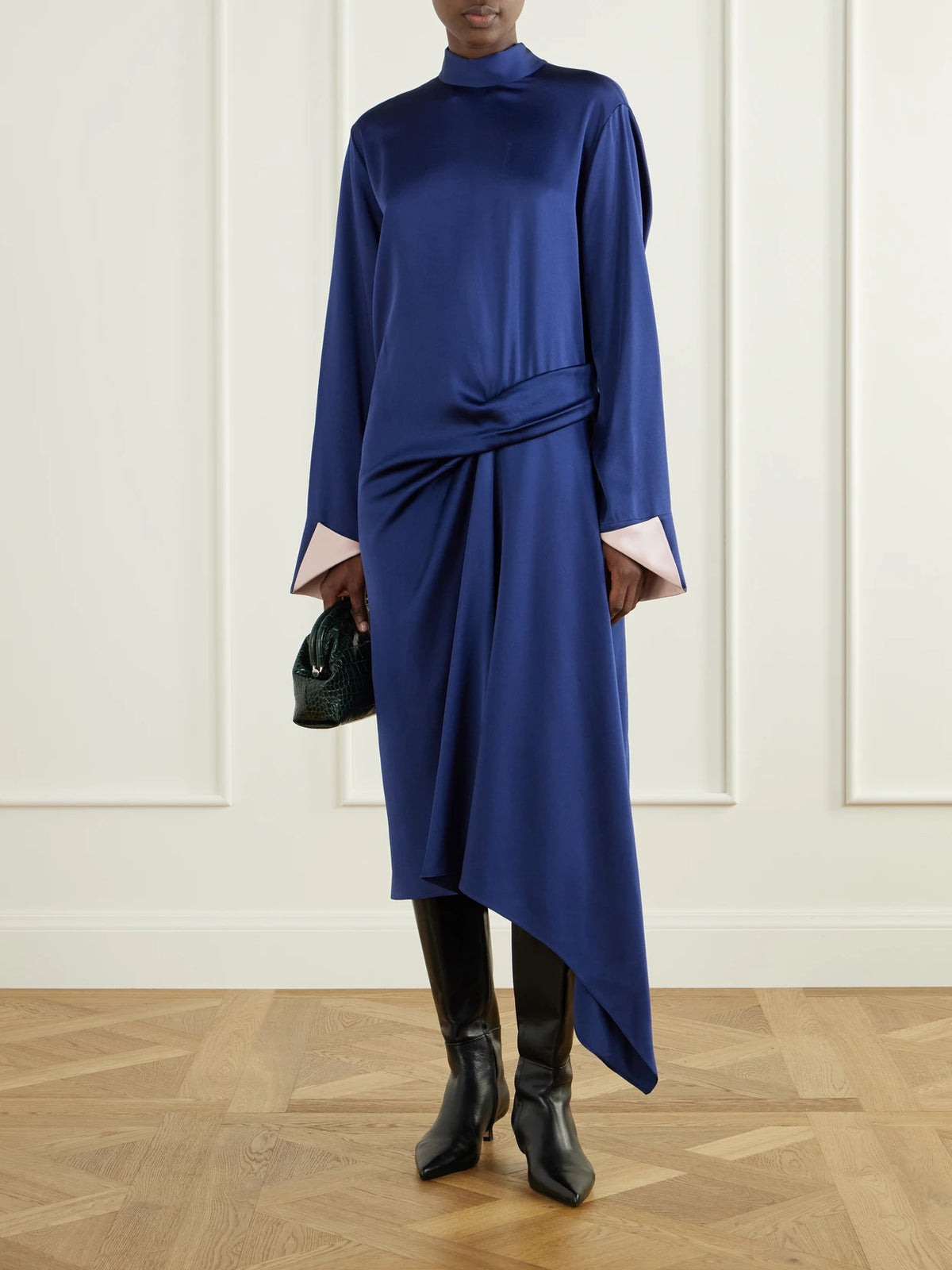 Image of Dresses. Product name - Asymmetric Draped Satin Midi Dress in Navy colour by brand - Stella McCartney
