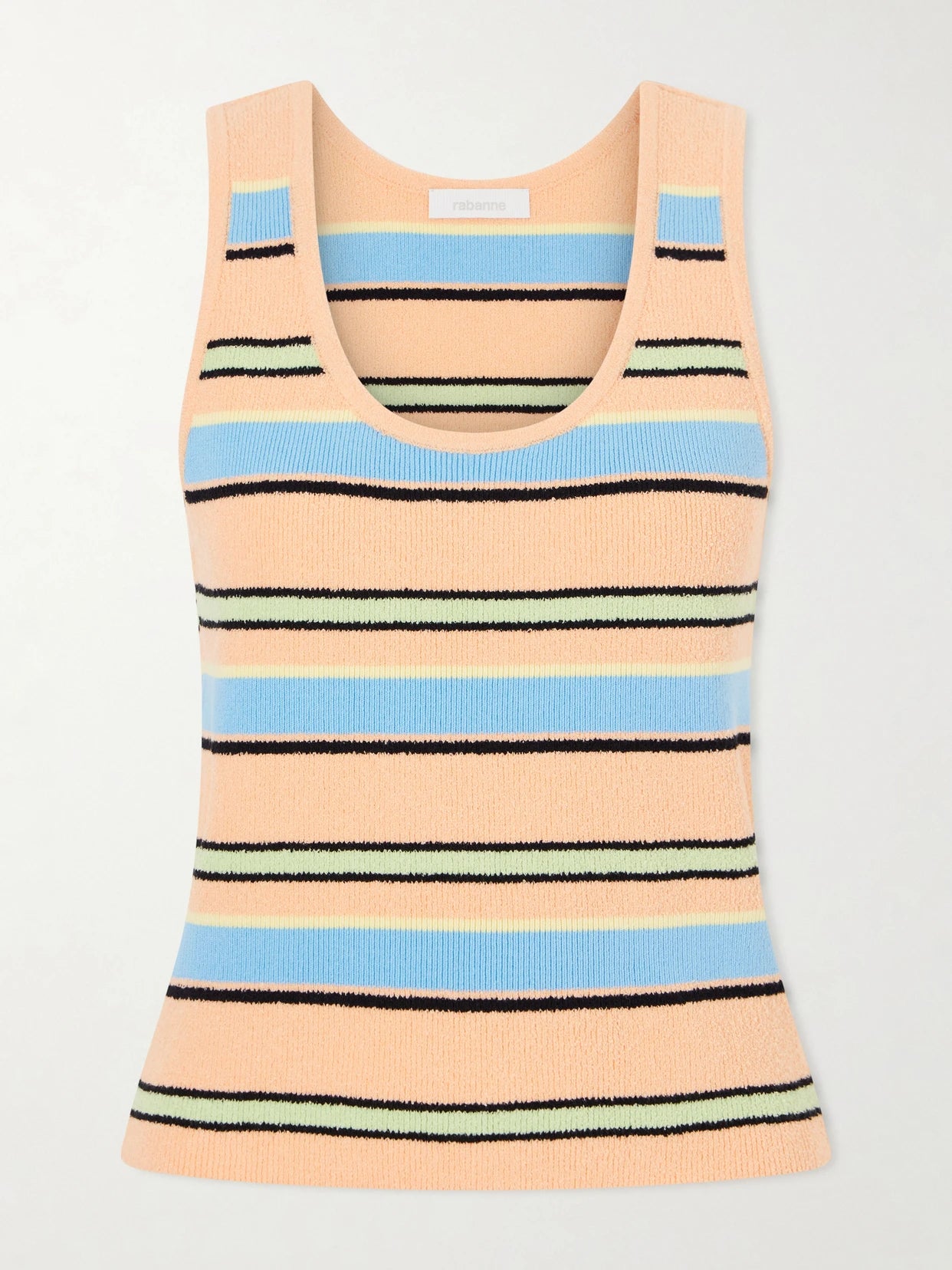 Image of a model wearing Outerwear. Product name - Striped Cotton-blend Terry Tank in Orange colour by brand - RABANNE