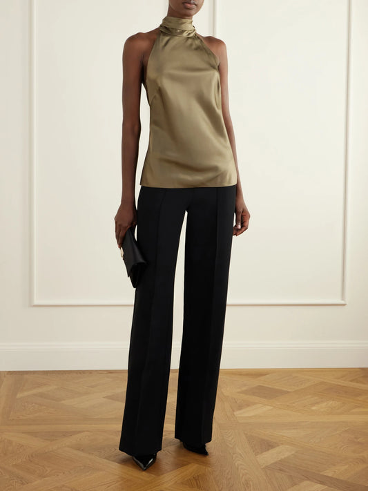 Image of a model wearing Tops. Product name - Chilton Satin Halterneck Top in Taupe colour by brand - Ralph Lauren Collection