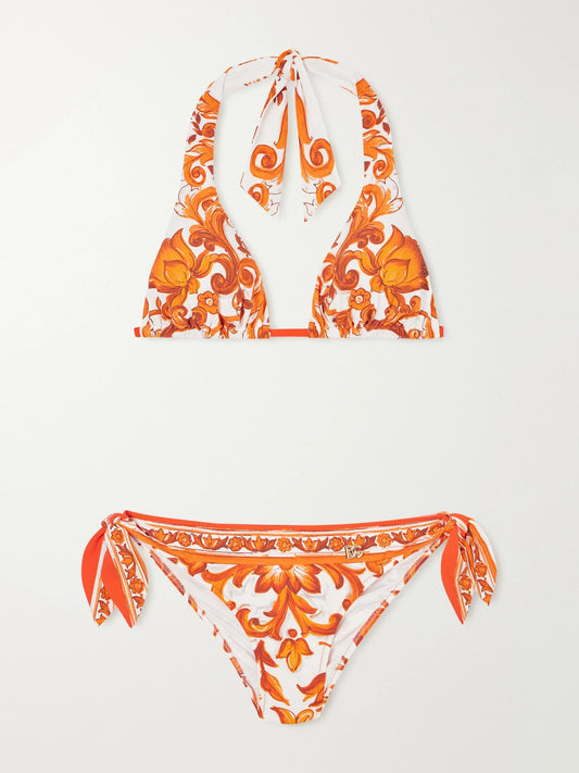 Image of Swimwear. Product name - Maiolica Knotted Printed Halterneck Bikini in Orange colour by brand - Dolce & Gabbana
