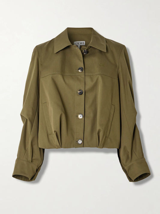 Image of Coats & Jackets. Product name - Embroidered Cotton And Silk-blend Jacket in Army green colour by brand - LOEWE