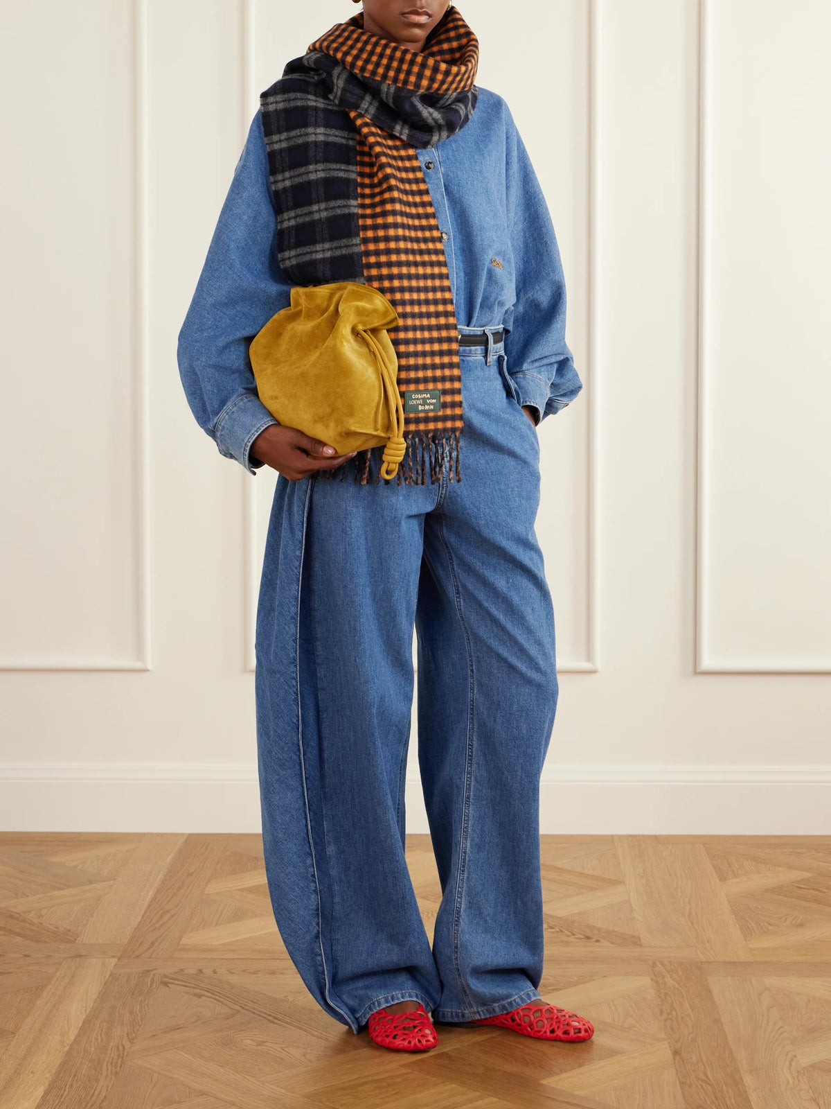 Image of Scarves & Shawls. Product name - Fringed Checked Wool And Cashmere-blend Scarf in Multi colour by brand - LOEWE