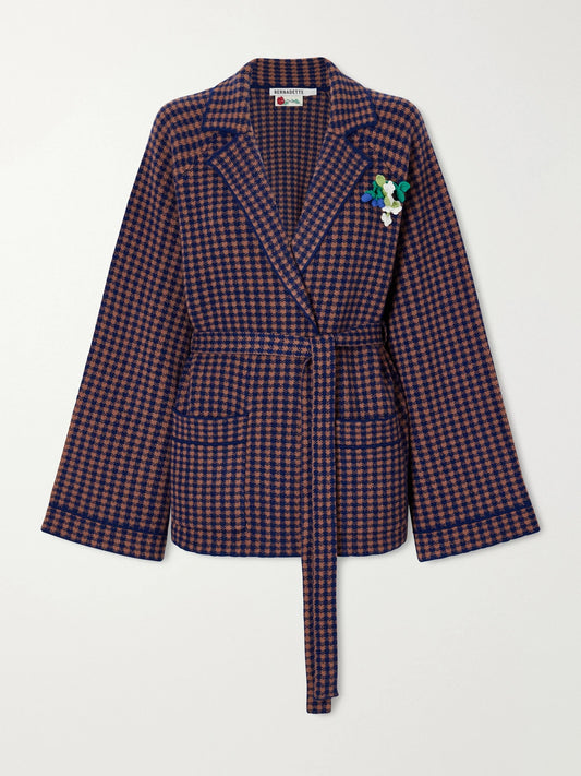 BERNADETTE Kallas Checked Belted Floral-appliquéd Cashmere Cardigan