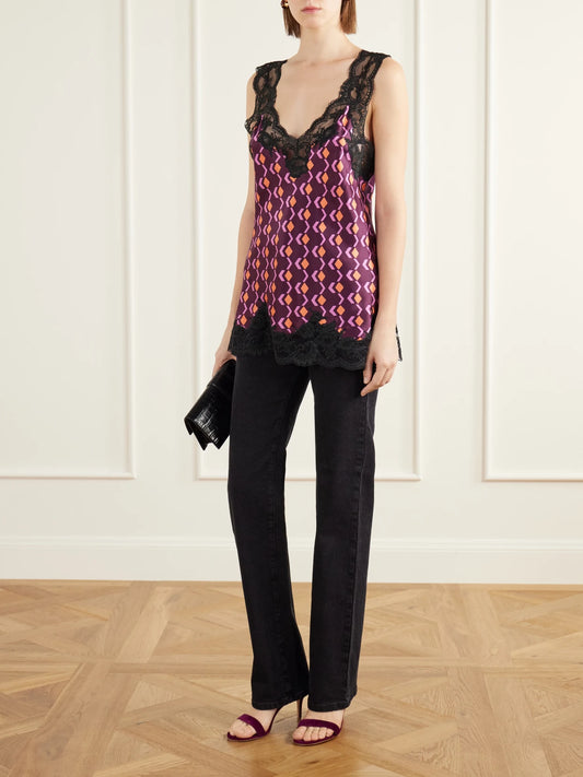 Image of a model wearing Tops. Product name - Printed Lace-trimmed Silk-satin Cami in Multi colour by brand - RABANNE