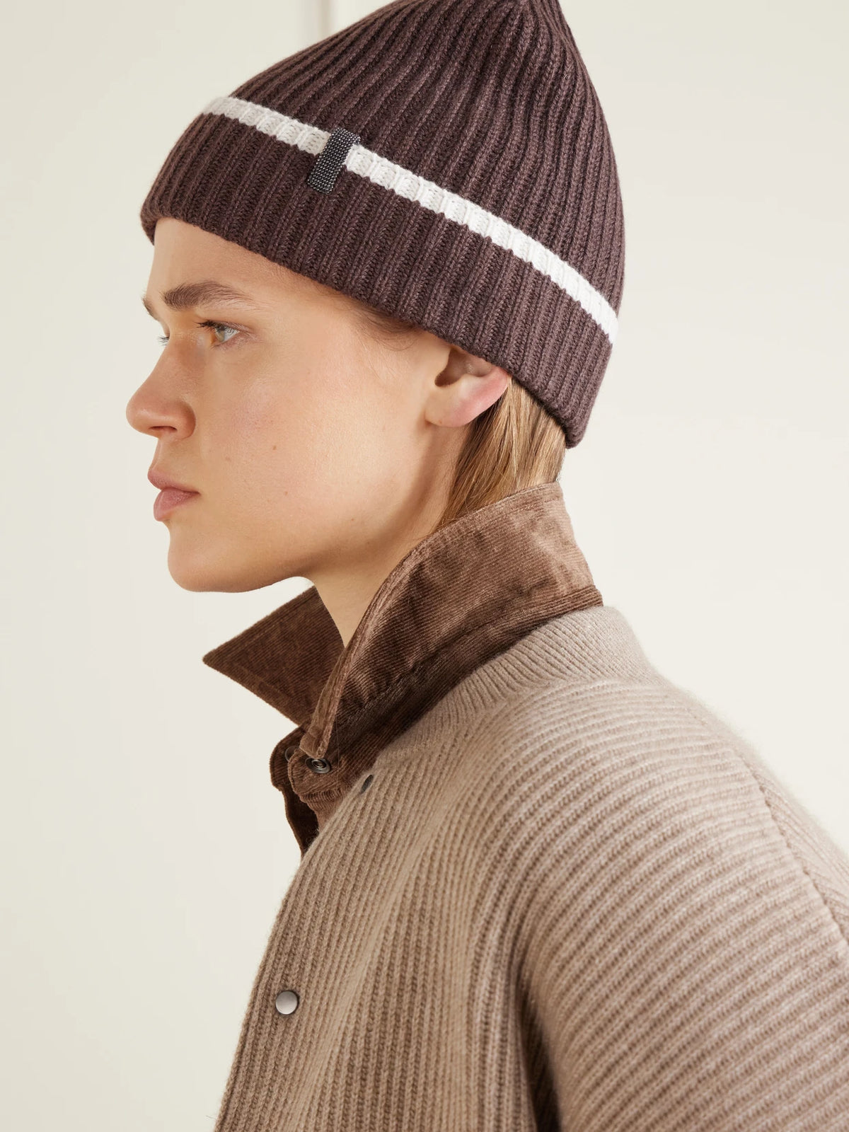 Image of Hats. Product name - Embellished Striped Ribbed Cashmere Beanie in Brown colour by brand - Brunello Cucinelli