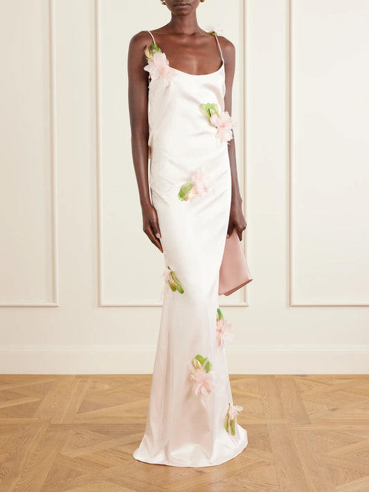 Image of Dresses. Product name - Mellow Floral-embellished Satin Gown in Pastel pink colour by brand - Ilkyaz Ozel