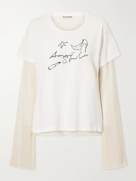 Acne Studios Evina Layered Logo-printed Mesh-trimmed Cotton And Hemp-blend T-shirt