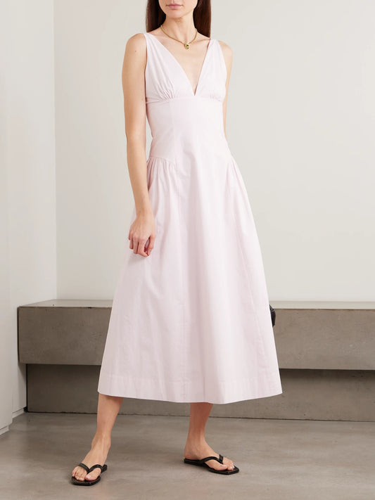 Image of Dresses. Product name - Lindie Ruched Cotton Midi Dress in Baby pink colour by brand - Posse