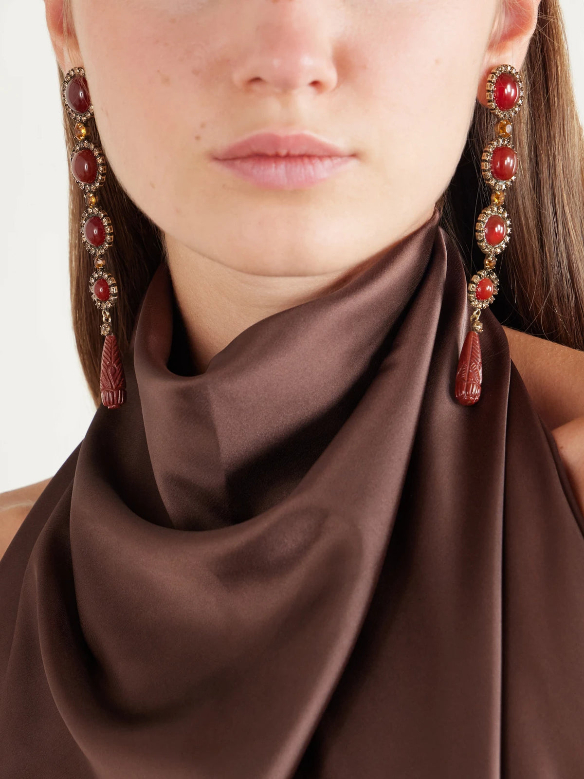 Image of Earrings. Product name - Rafferty Gold-tone Carnelian And Jasper Earrings in Burgundy colour by brand - Jennifer Behr