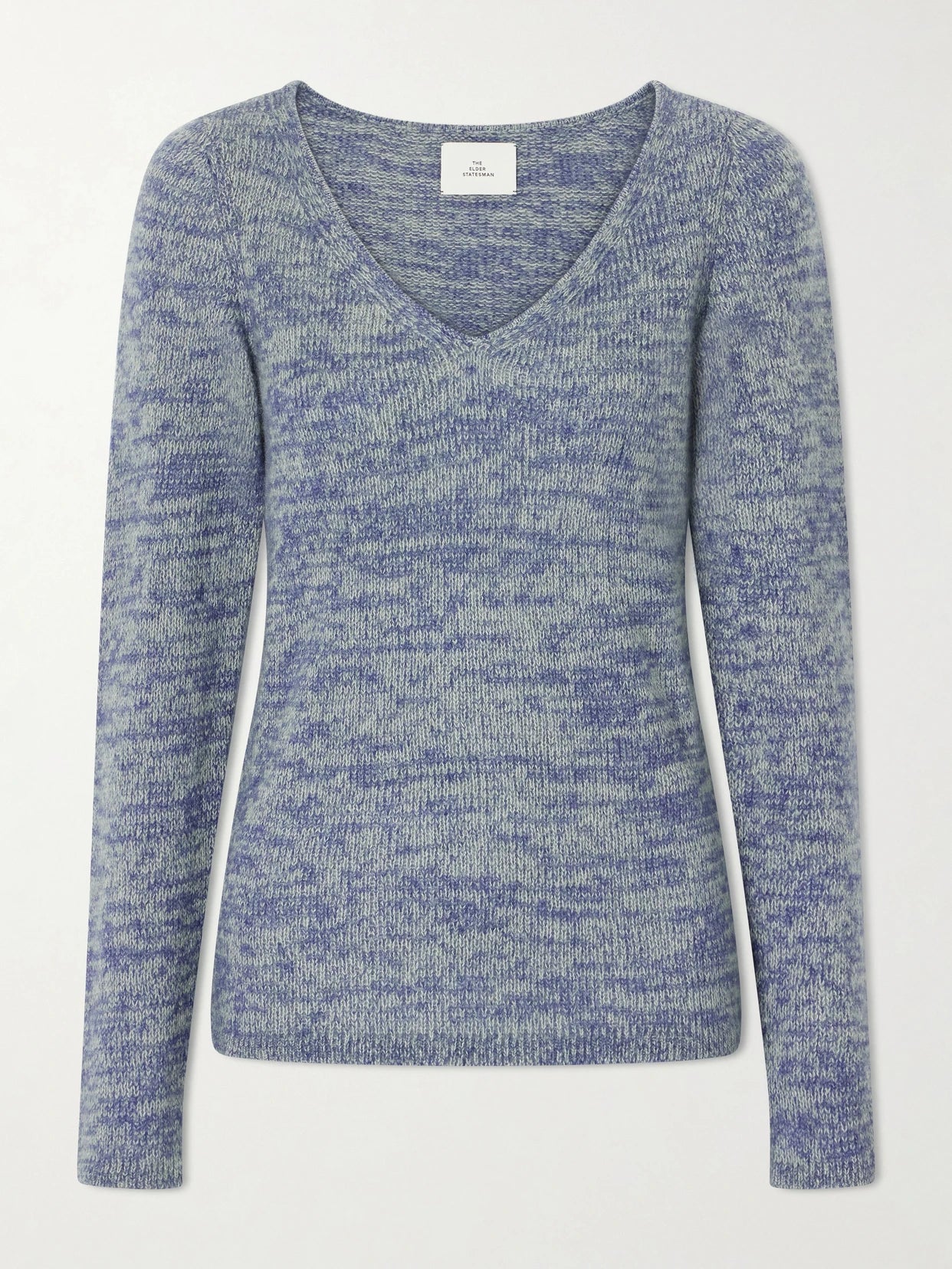 Image of a model wearing Outerwear. Product name - V-neck Cashmere And Silk-blend Sweater in Blue colour by brand - The Elder Statesman