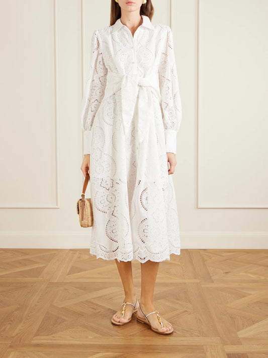 Image of Dresses. Product name - Tie-detailed Broderie Anglaise Cotton Midi Shirt Dress in White colour by brand - Camilla