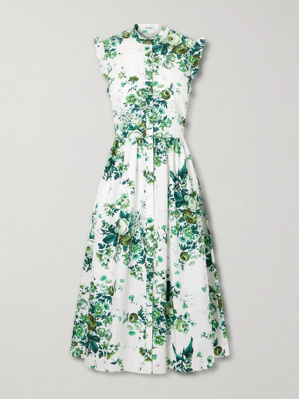 Image of Dresses. Product name - Ruffled Floral-print Cotton-poplin Midi Shirt Dress in Mint colour by brand - Erdem