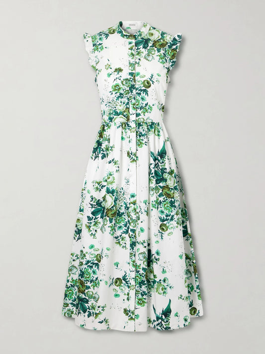 Image of Dresses. Product name - Ruffled Floral-print Cotton-poplin Midi Shirt Dress in Mint colour by brand - Erdem