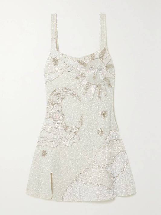 Image of Dresses. Product name - Lucina Embellished Stretch-mesh Mini Dress in Ivory colour by brand - Clio Peppiatt