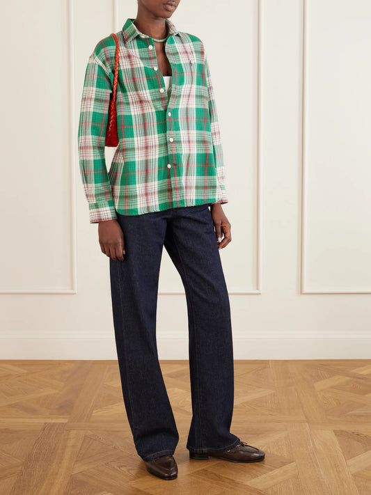 Image of a model wearing Tops. Product name - Logo-embroidered Checked Cotton-twill Shirt in Green colour by brand - Polo Ralph Lauren