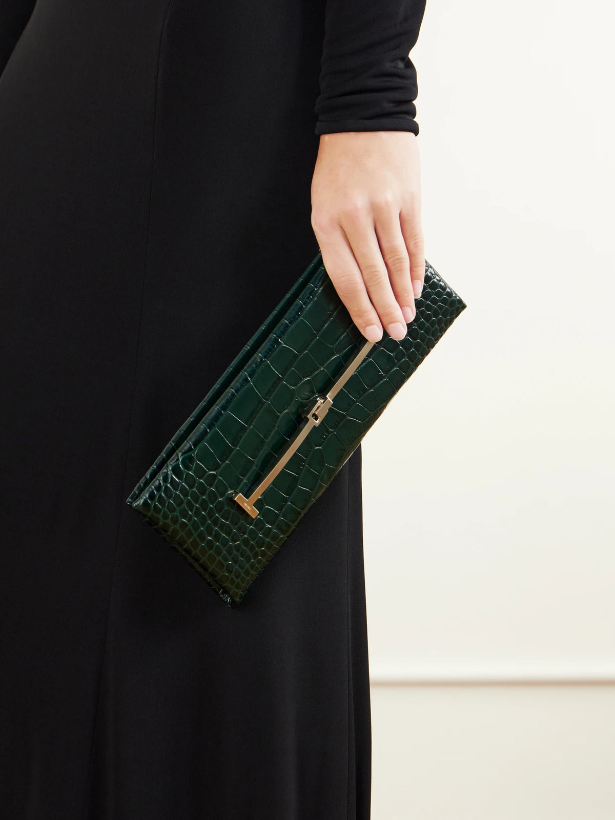 Image of Bags. Product name - Tumbled Croc-effect Leather Clutch in Dark green colour by brand - TOM FORD
