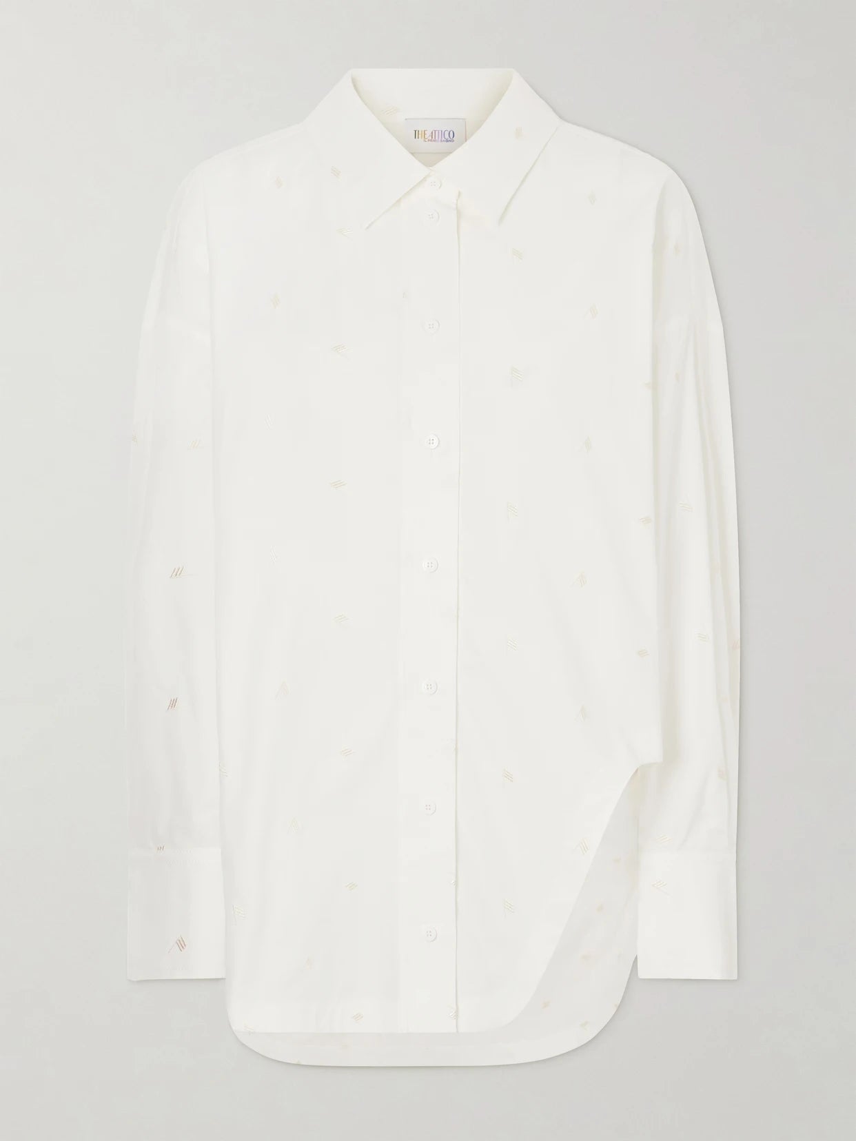 Image of a model wearing Tops. Product name - Asymmetric Embroidered Cotton-blend Shirt in White colour by brand - The Attico
