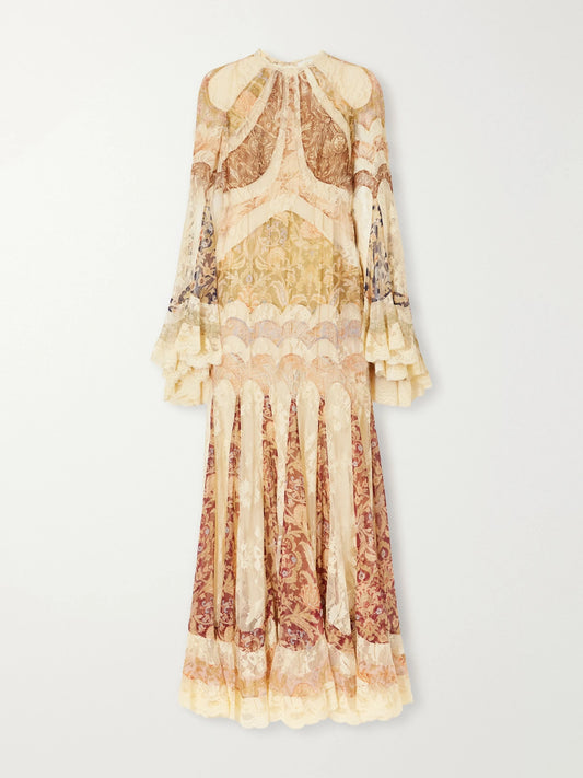 Zimmermann Valiant Paneled Printed Lace-trimmed Chiffon Maxi Dress