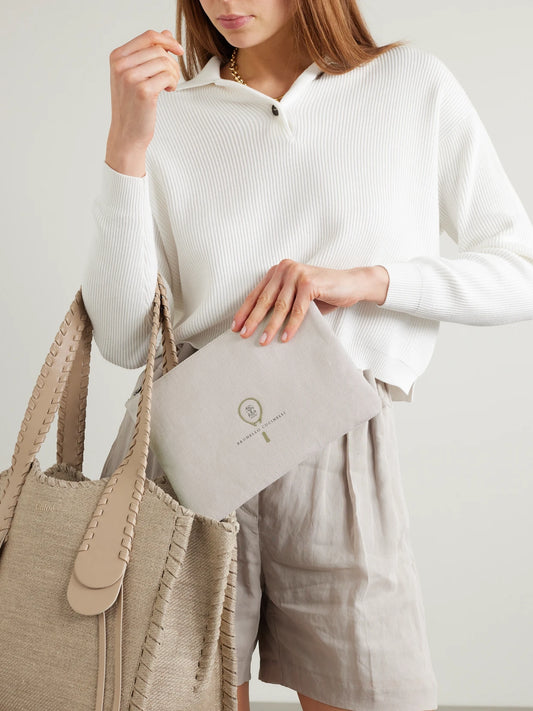 Image of Accessories. Product name - Embroidered Leather-trimmed Cotton And Linen-blend Tweed Pouch in Off-white colour by brand - Brunello Cucinelli