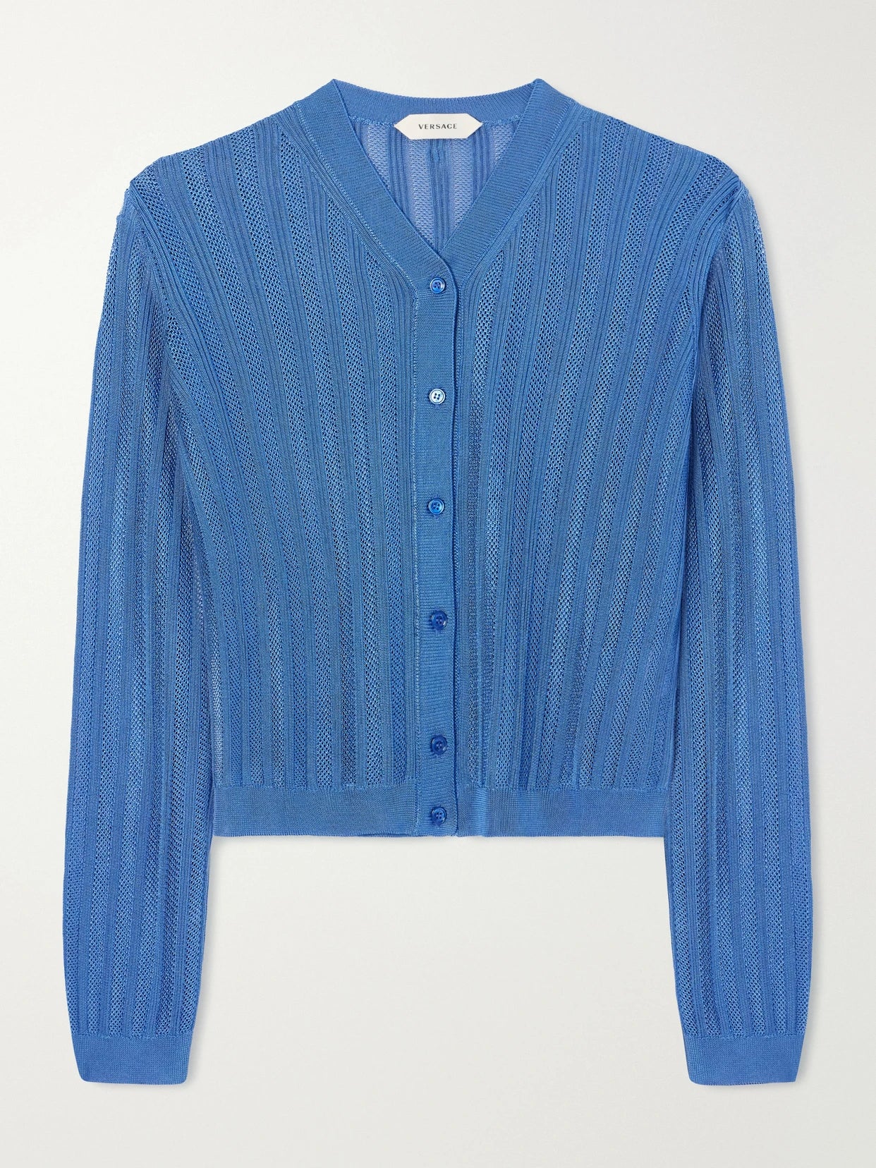 Medusa-embellished Ribbed Crochet-knit Cardigan