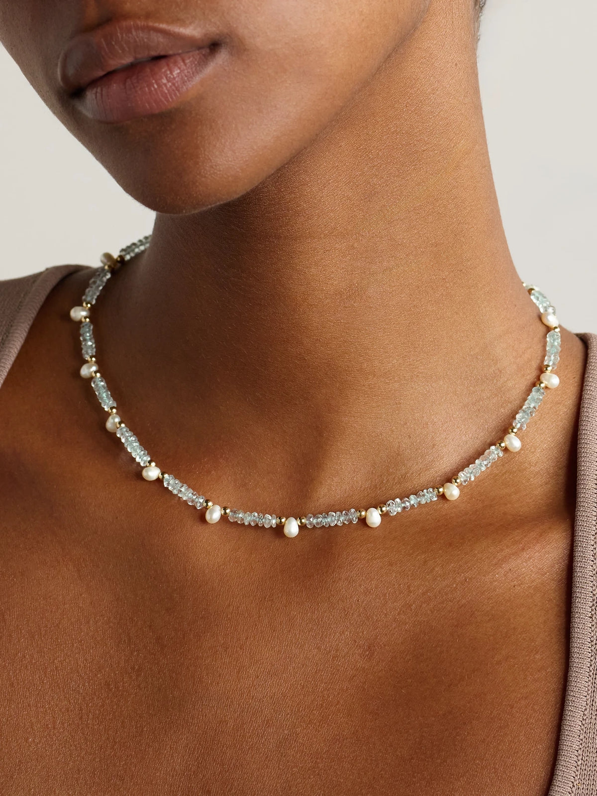 Image of Necklaces. Product name - Gold, Aquamarine And Pearl Necklace in Multi colour by brand - JIA JIA