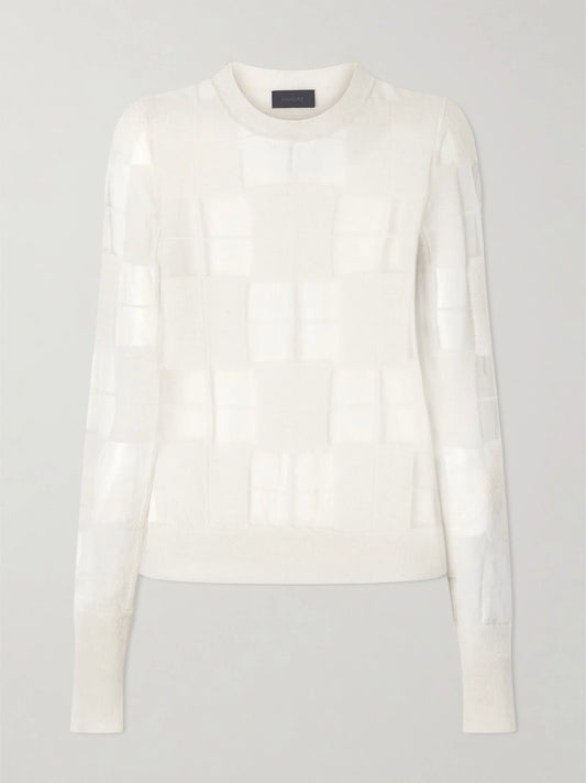 Image of a model wearing Outerwear. Product name - Paul Checked Mesh-trimmed Knitted Sweater in White colour by brand - Haikure