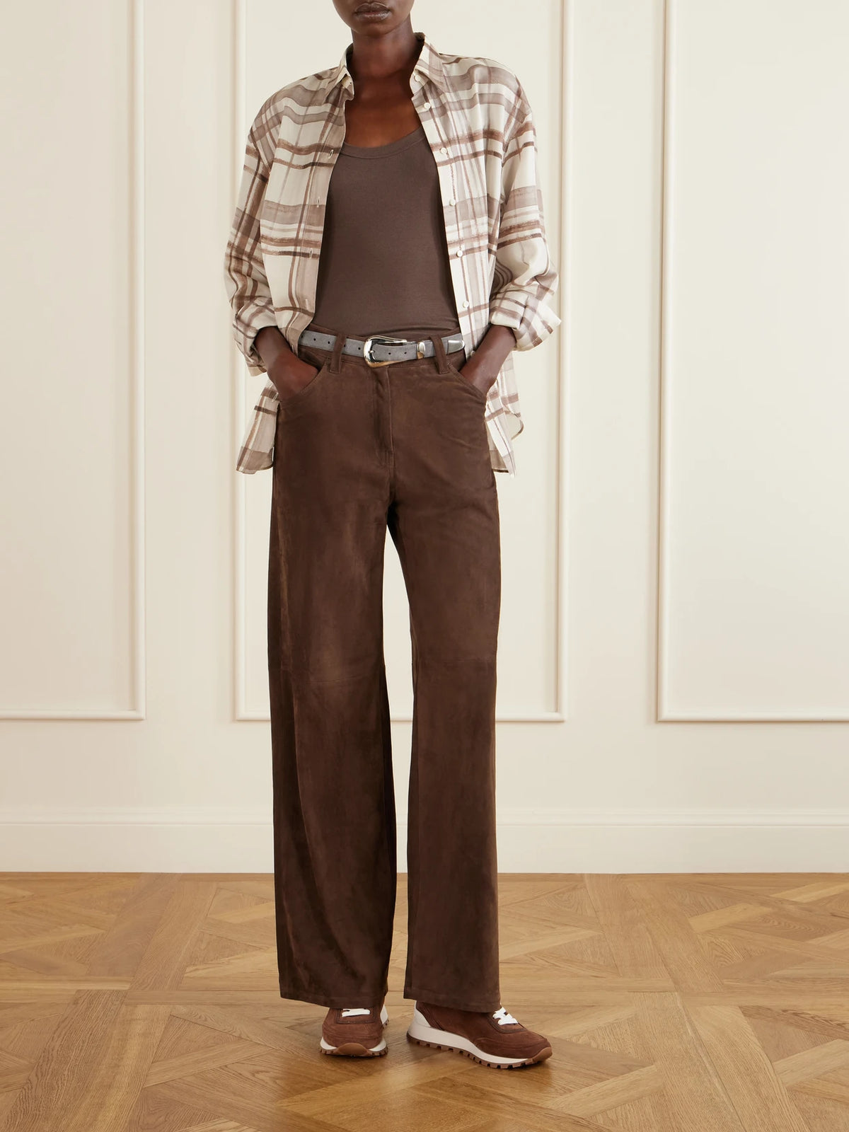 Image of Sneakers. Product name - Suede Bead-embellished Sneakers in Dark brown colour by brand - Brunello Cucinelli