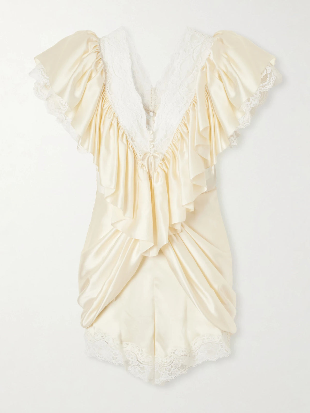 Ruffled Lace-trimmed Silk-satin Playsuit