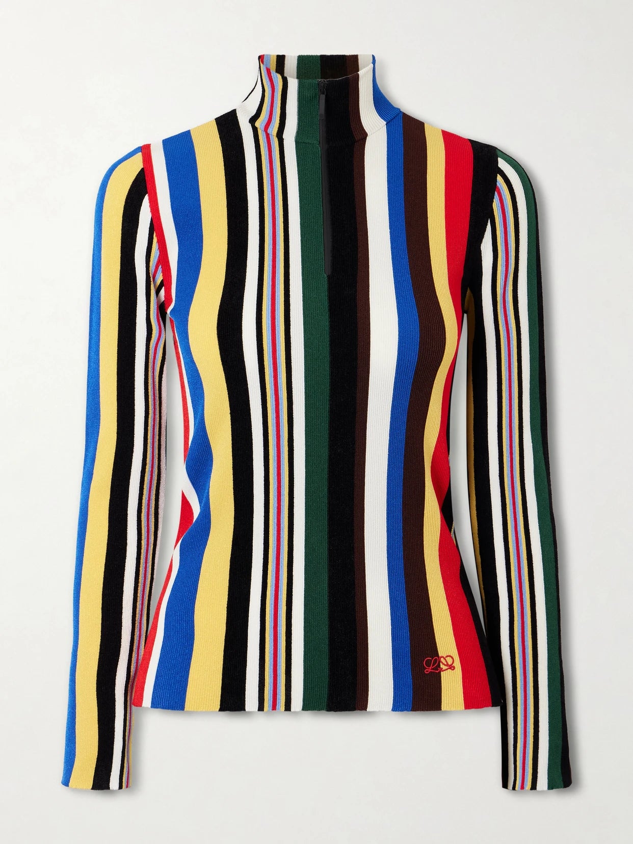 Striped Ribbed-knit Half-zip Turtleneck Top