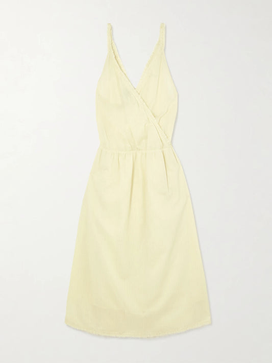 Image of Dresses. Product name - Crossed Wrap-effect Striped Organic Cotton Midi Dress in Yellow colour by brand - Deiji Studios