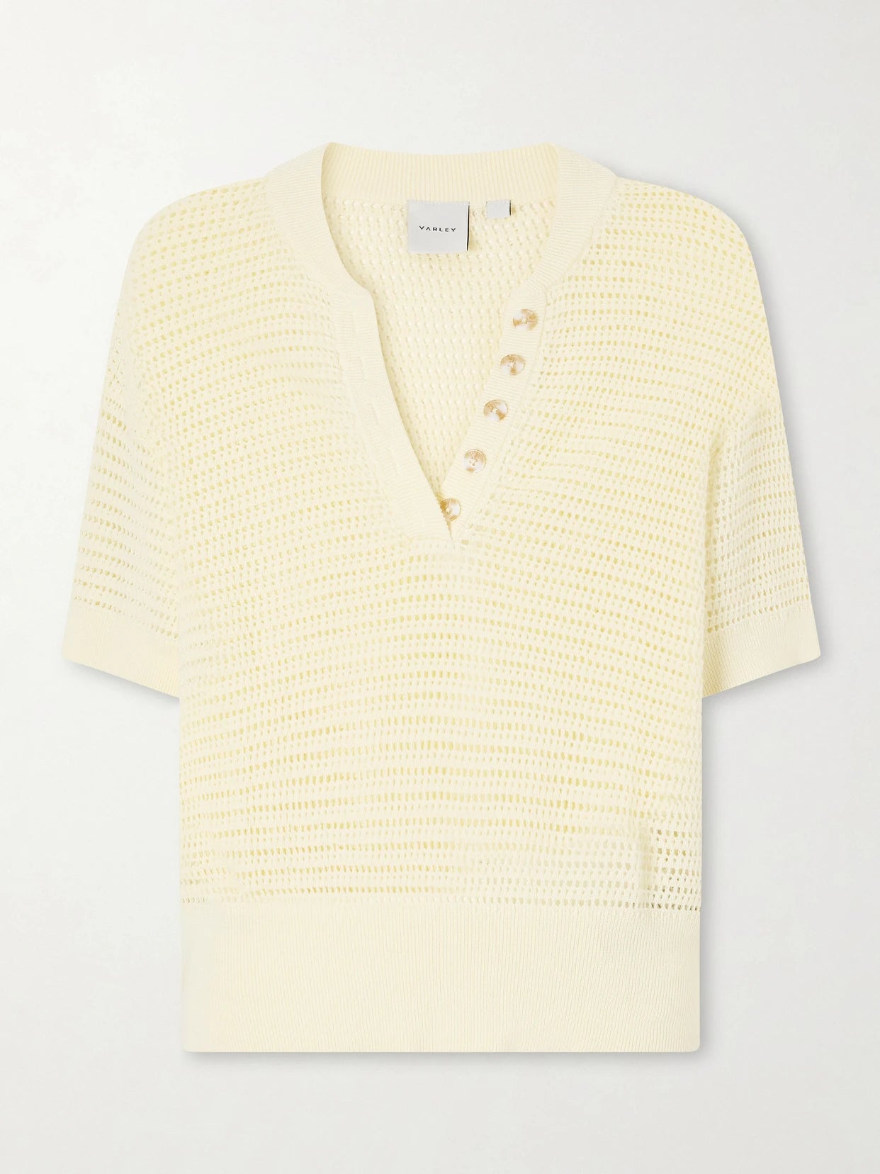 Image of a model wearing Tops. Product name - Callie Open-knit Cotton Top in Yellow colour by brand - Varley