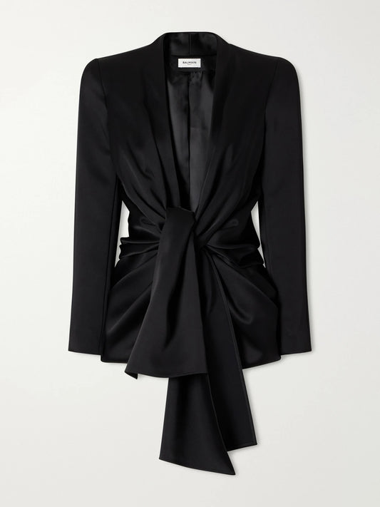 Balmain Tie-detailed Draped Satin-crepe Jacket